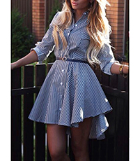 Asymmetric Mini Dress – White Blue / Button Front / Striped